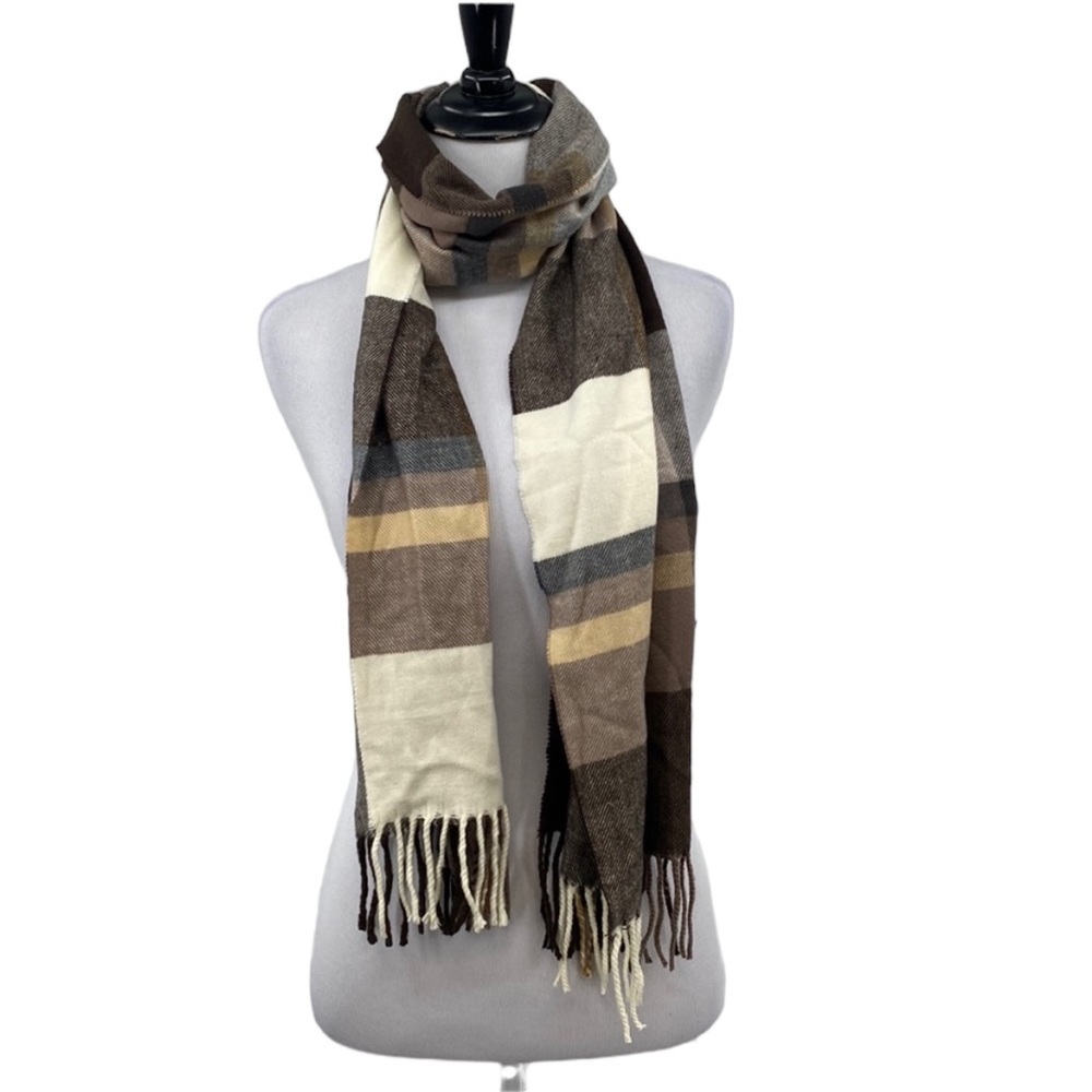 Scottish Winter Scarf One Size Tan Brown‎ Plaid 100% Cashmere Rectangular Fringe